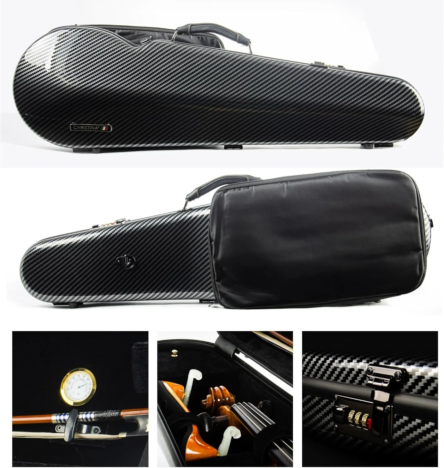 4/4 Full Size Violin Case - High-Strength Carbon Fiber Triangle Music Bag With Combination Lock and Extra Bag - Black Hard Case (VB-Trianglee-Black Stripe Spot)