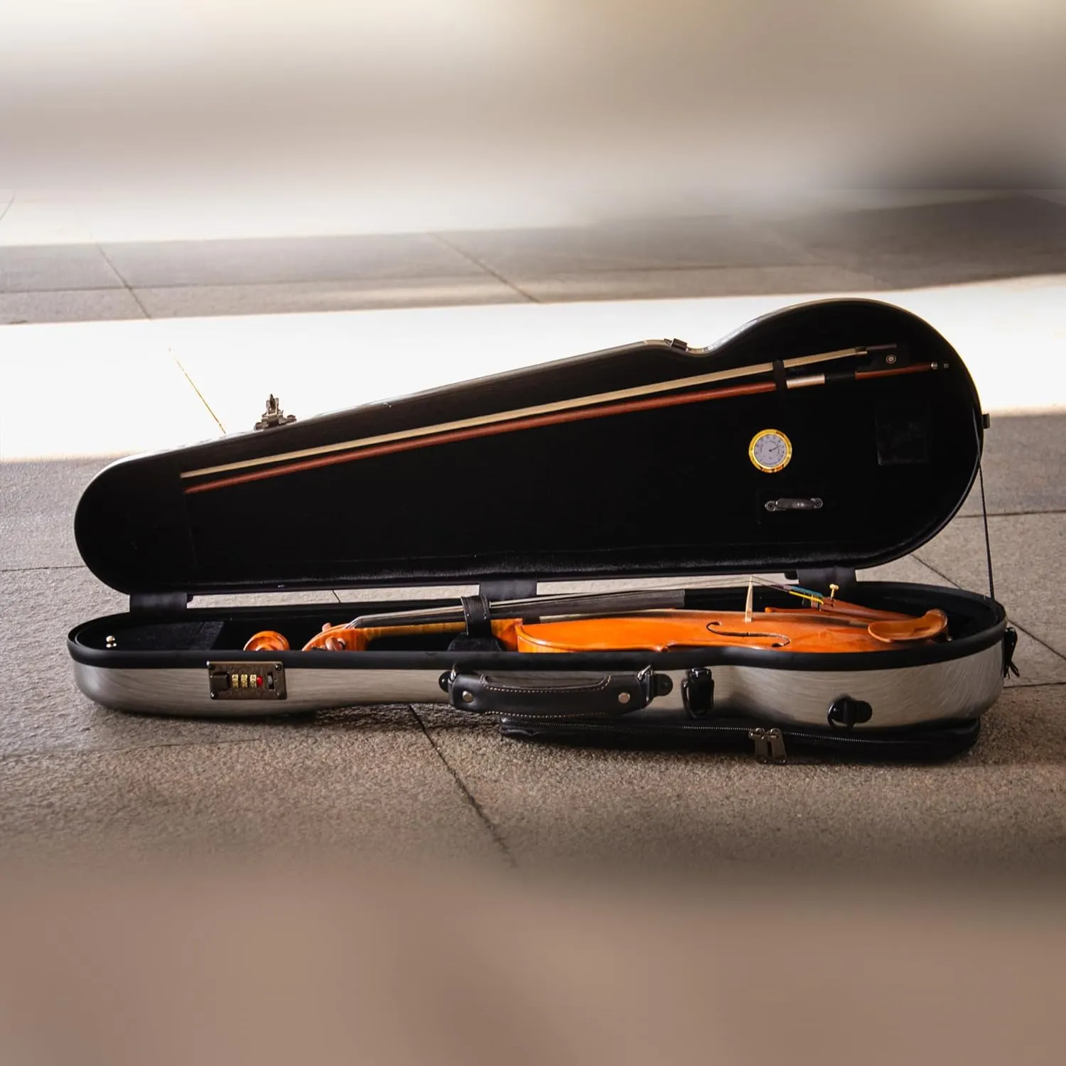 4/4 Full Size Violin case High-Strength Carbon Fiber Triangle Violin Music Bag With Combination Lock and Extra Bag Gray Violin Hard Case (VB-Trianglee-SilveryGray spot)