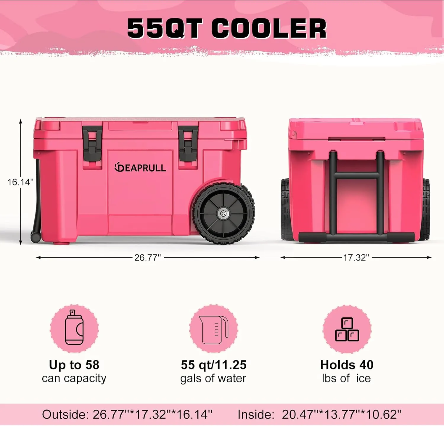 55 Quart Cooler with Wheels, Ice Chests Portable Camping Cooler Holds Ice up to 6 Days, Leak-Proof Outdoor Insulated Cooler with Handle, Cup Holders, Hard Cooler for Camping, Beach, Boat