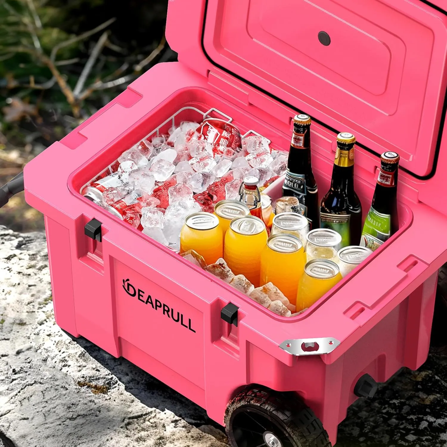 55 Quart Cooler with Wheels, Ice Chests Portable Camping Cooler Holds Ice up to 6 Days, Leak-Proof Outdoor Insulated Cooler with Handle, Cup Holders, Hard Cooler for Camping, Beach, Boat
