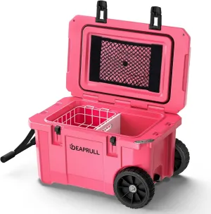55 Quart Cooler with Wheels, Ice Chests Portable Camping Cooler Holds Ice up to 6 Days, Leak-Proof Outdoor Insulated Cooler with Handle, Cup Holders, Hard Cooler for Camping, Beach, Boat