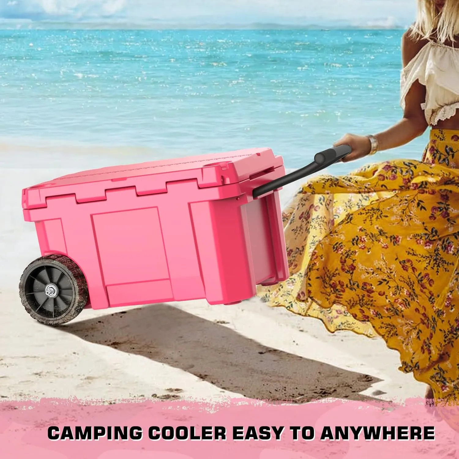 55 Quart Cooler with Wheels, Ice Chests Portable Camping Cooler Holds Ice up to 6 Days, Leak-Proof Outdoor Insulated Cooler with Handle, Cup Holders, Hard Cooler for Camping, Beach, Boat
