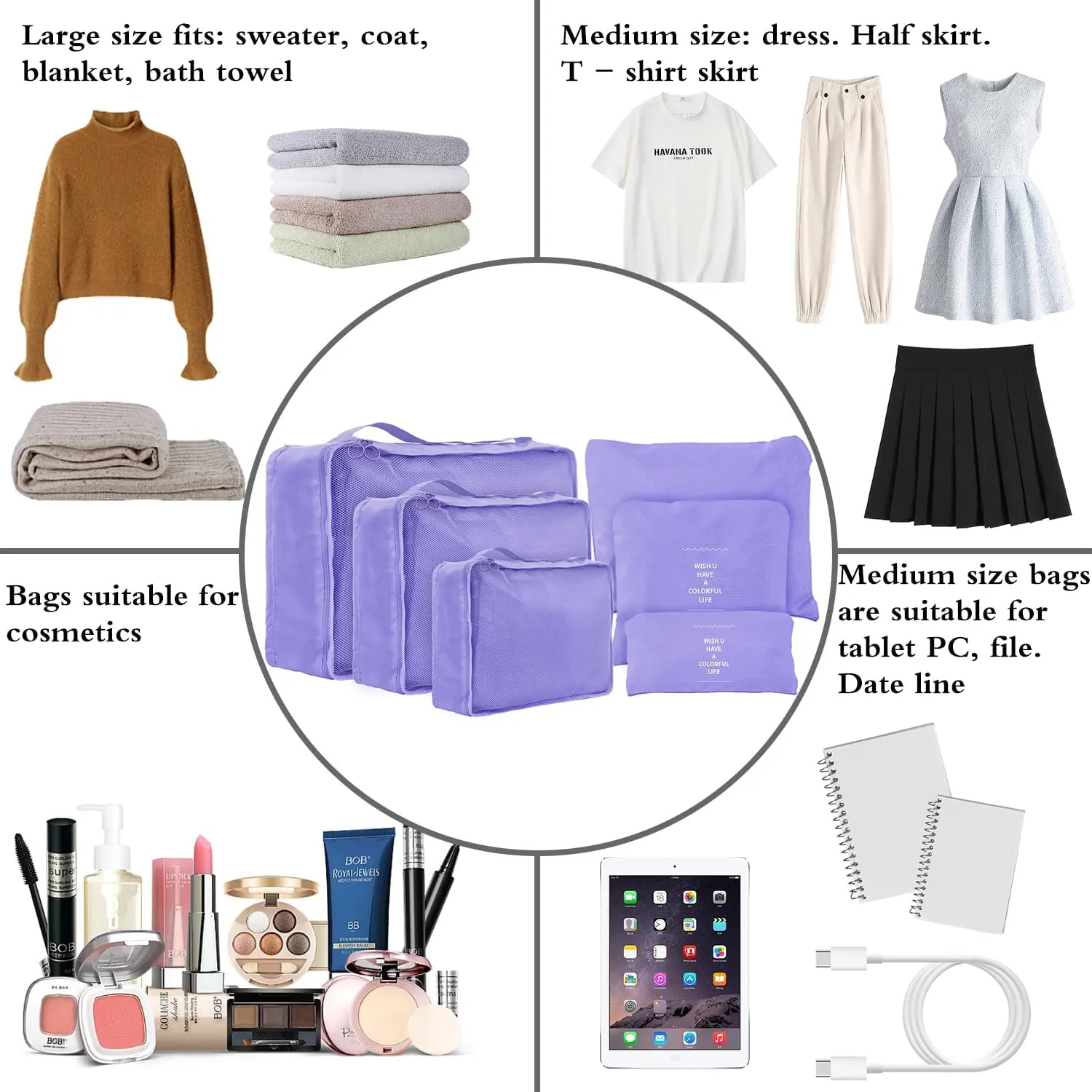 6 Set Compression Packing Cubes For Travel,Lightweight Travel Essentials,Luggage Organizers for Suitcase,Travel Accessories Bags for Clothes,Shoes,Electronics,Cosmetics Toiletries(Pale Purple)