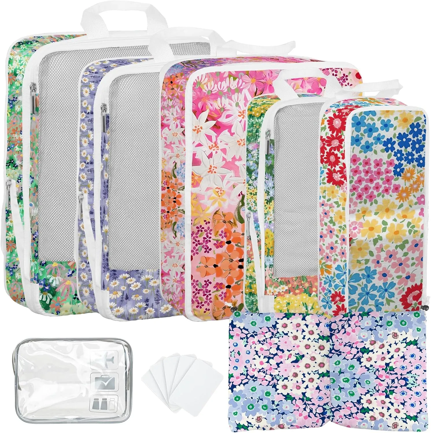 7 Pcs Compression Packing Cubes for Travel, Waterproof Suitcase Luggage Backpack Organizer with Toiletry Bag Travel Essentials for Women/Men-Flowers