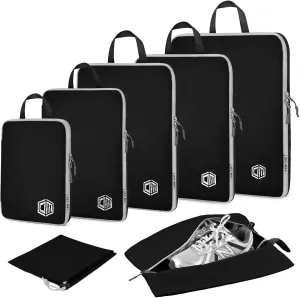 7Set Ultralight Nylon Compression Packing Cubes Expandable Packing Organizers for Carry on suitcase, Compression Cubes with Shoe Bag for Travel Accessories Luggage(black)…