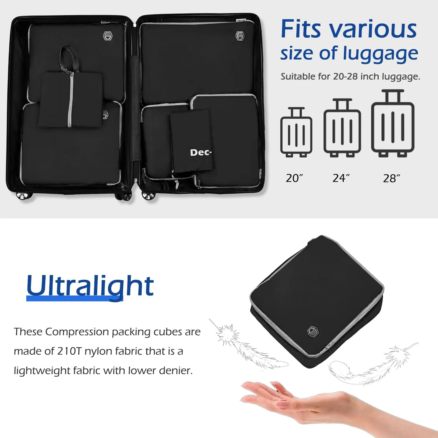 7Set Ultralight Nylon Compression Packing Cubes Expandable Packing Organizers for Carry on suitcase, Compression Cubes with Shoe Bag for Travel Accessories Luggage(black)…