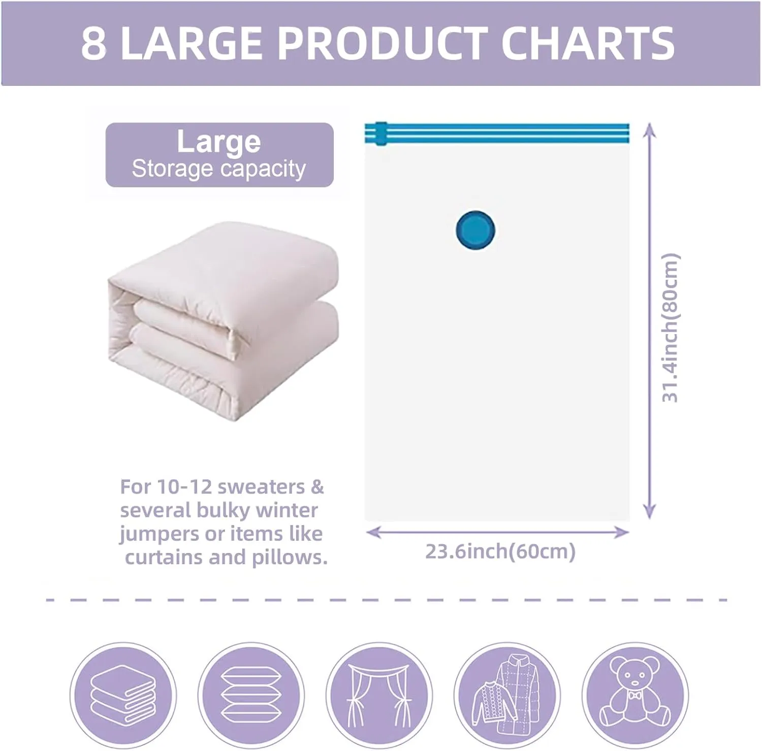 8 Pack Large Vacuum Storage Bags with Hand Pump, Plastic Packaging Bags, 80% Space Saver Vacuum Seal Bags for Clothing, Compression bags for Travel Luggage, Blankets, Comforters