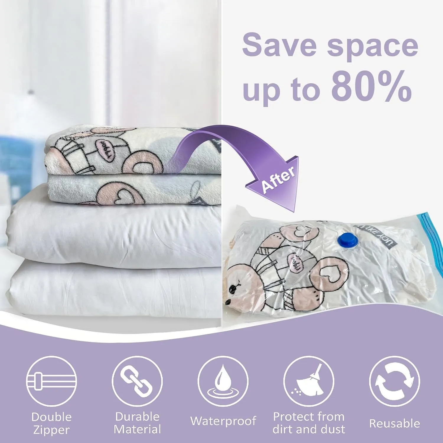 8 Pack Large Vacuum Storage Bags with Hand Pump, Plastic Packaging Bags, 80% Space Saver Vacuum Seal Bags for Clothing, Compression bags for Travel Luggage, Blankets, Comforters