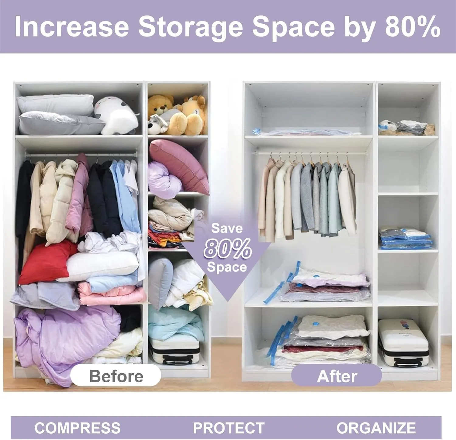 8 Pack Large Vacuum Storage Bags with Hand Pump, Plastic Packaging Bags, 80% Space Saver Vacuum Seal Bags for Clothing, Compression bags for Travel Luggage, Blankets, Comforters
