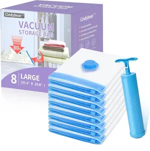 8 Pack Large Vacuum Storage Bags with Hand Pump, Plastic Packaging Bags, 80% Space Saver Vacuum Seal Bags for Clothing, Compression bags for Travel Luggage, Blankets, Comforters