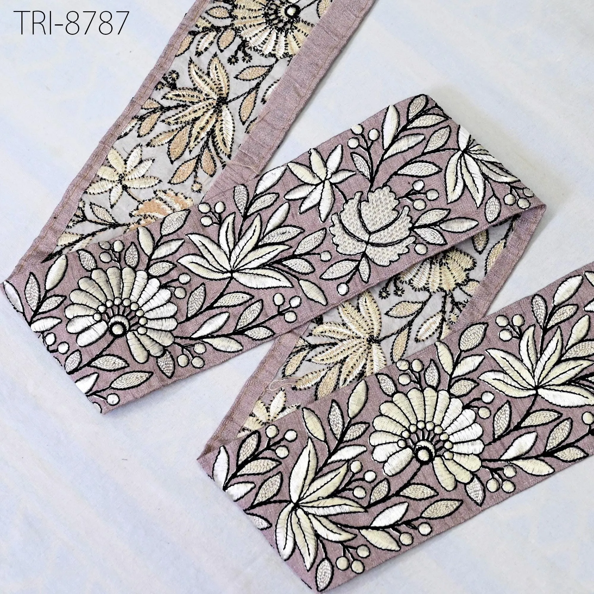 9 Yard Mauve 8cm Embroidery Trims Ribbons Floral Embellish Embroidered Fabric Saree Costume Border Crafting Sewing Beach Bag Hat Belts Gift