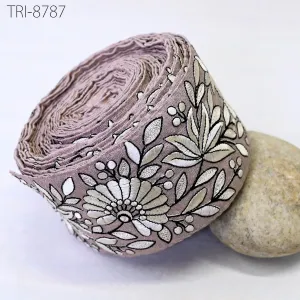 9 Yard Mauve 8cm Embroidery Trims Ribbons Floral Embellish Embroidered Fabric Saree Costume Border Crafting Sewing Beach Bag Hat Belts Gift