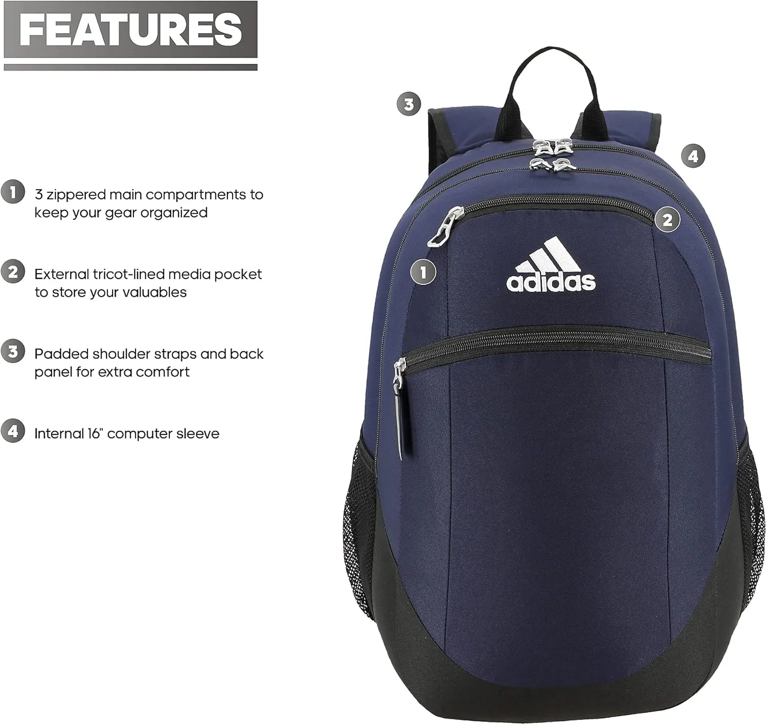 adidas Striker Sports Backpack Durable Athletic Gym Laptop Bag, Team Navy Blue/Black/White, One Size