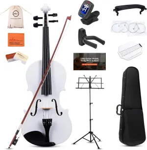 ADM Acoustic Violin for Kids Beginners, Acoustic Violin Fiddle for Teens Students Beginners Violin Starter Kit with Hard Case, Rosin, Shoulder Rest, Bow, Violin Music Stand Strings (White, 3/4 Size)