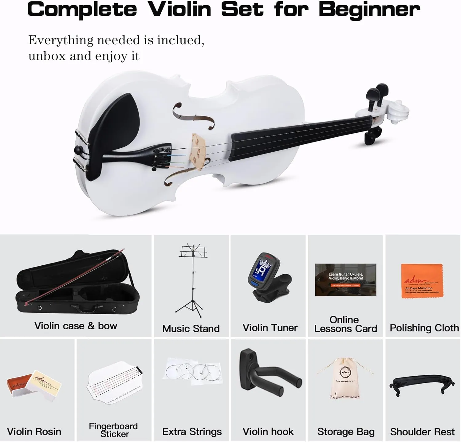 ADM Acoustic Violin for Kids Beginners, Acoustic Violin Fiddle for Teens Students Beginners Violin Starter Kit with Hard Case, Rosin, Shoulder Rest, Bow, Violin Music Stand Strings (White, 3/4 Size)