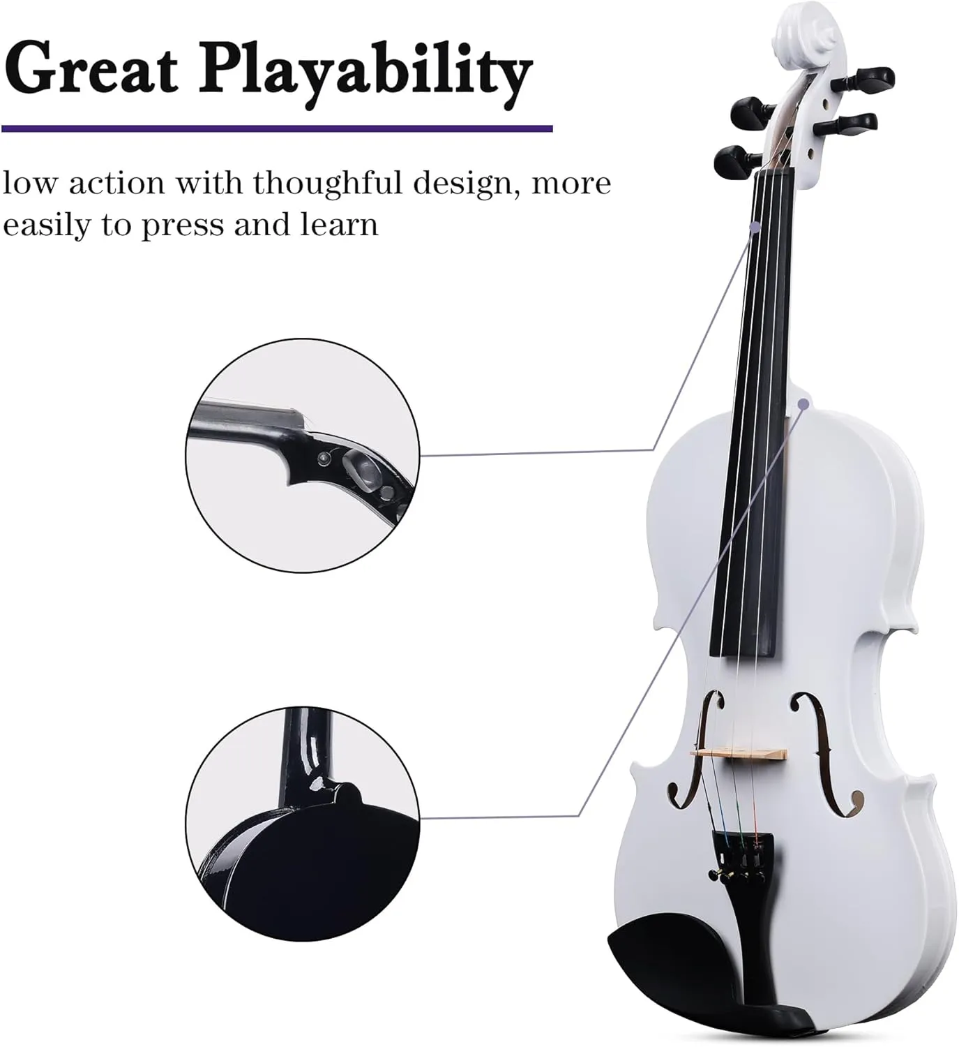 ADM Acoustic Violin for Kids Beginners, Acoustic Violin Fiddle for Teens Students Beginners Violin Starter Kit with Hard Case, Rosin, Shoulder Rest, Bow, Violin Music Stand Strings (White, 3/4 Size)