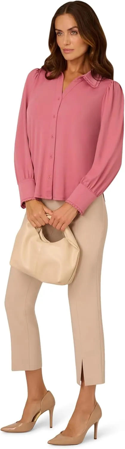 Adrianna Papell Women's Open V-Collar Ruffle Trim Knit Top with Long Puff Sleeves