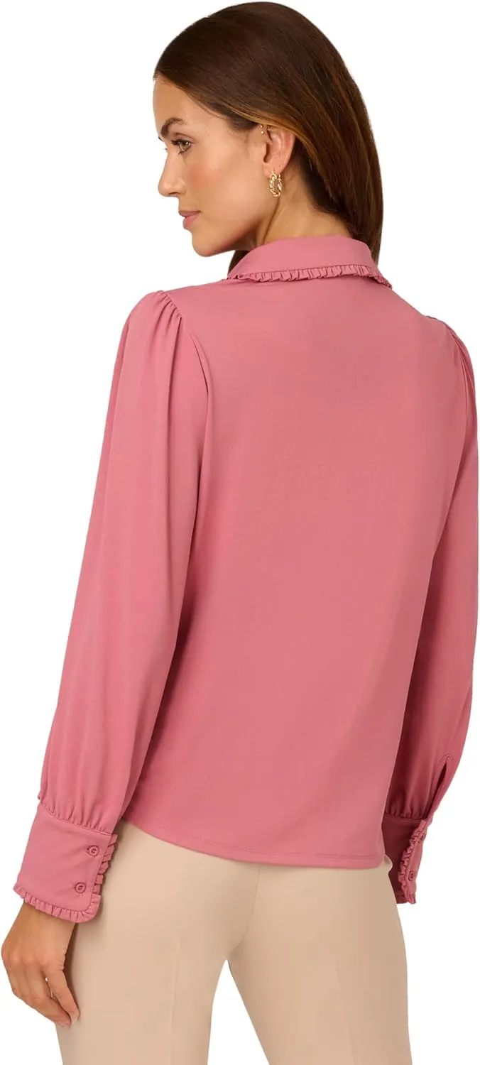Adrianna Papell Women's Open V-Collar Ruffle Trim Knit Top with Long Puff Sleeves