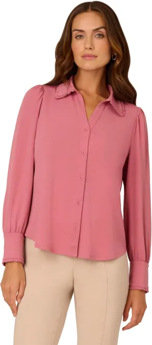 Adrianna Papell Women's Open V-Collar Ruffle Trim Knit Top with Long Puff Sleeves