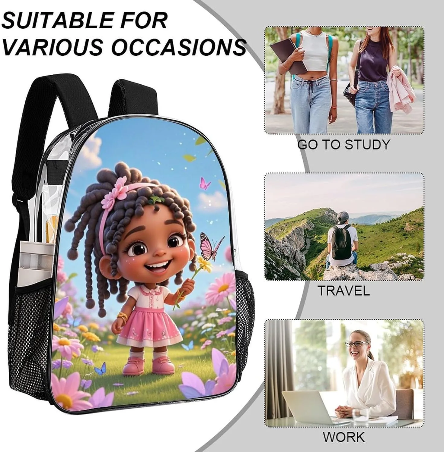 Adults Lightweight Colorful Afro American Black Women With Butterflies Art Shoulder Book Bags Big Capacity Shoulder Bag Transparent Bag for Trekking Work Walking Cycling