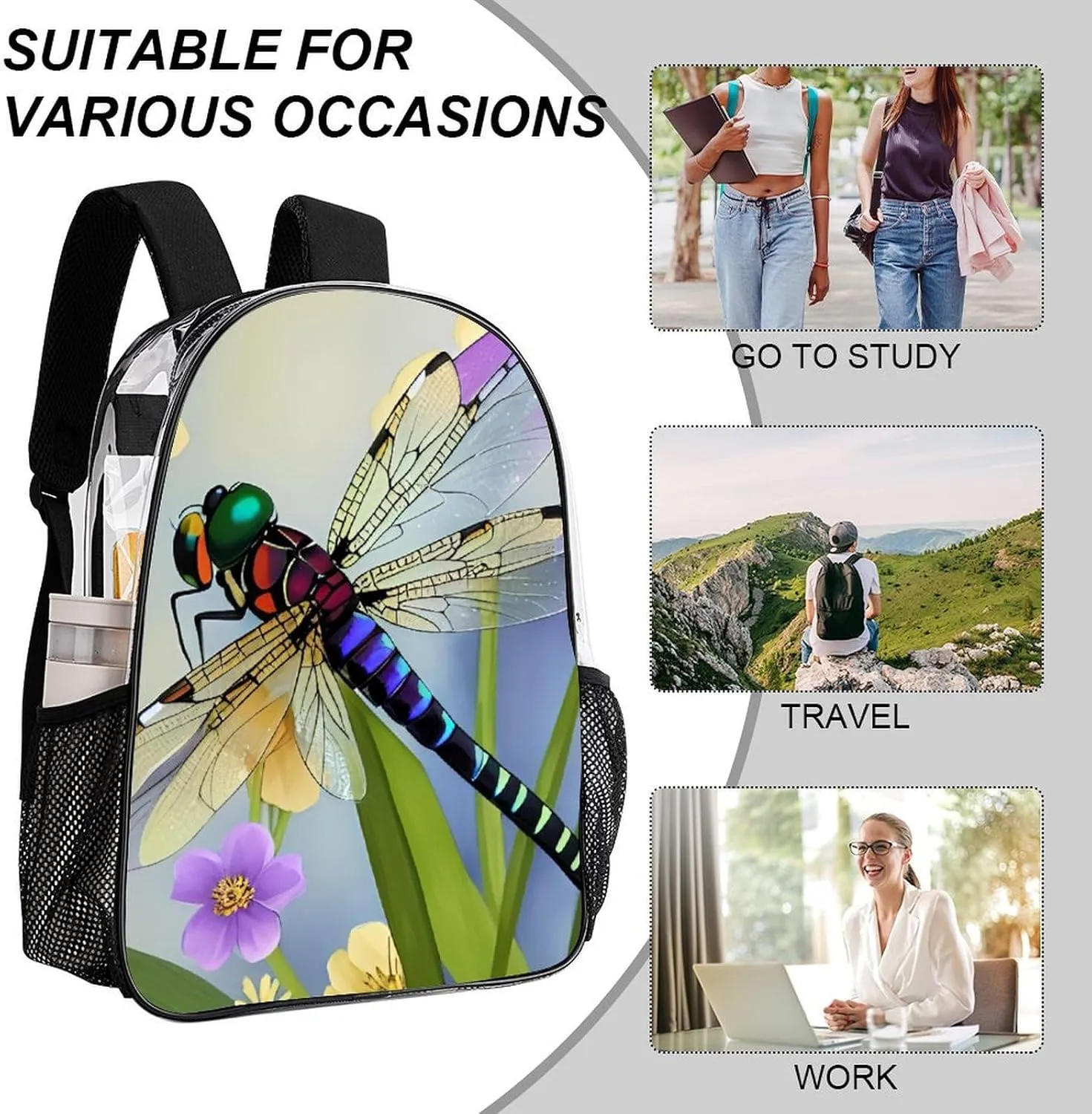 Adults Lightweight Floral Dragonfly Art Shoulder Book Bags Big Capacity Shoulder Bag Transparent Bag for Trekking Work Walking Cycling