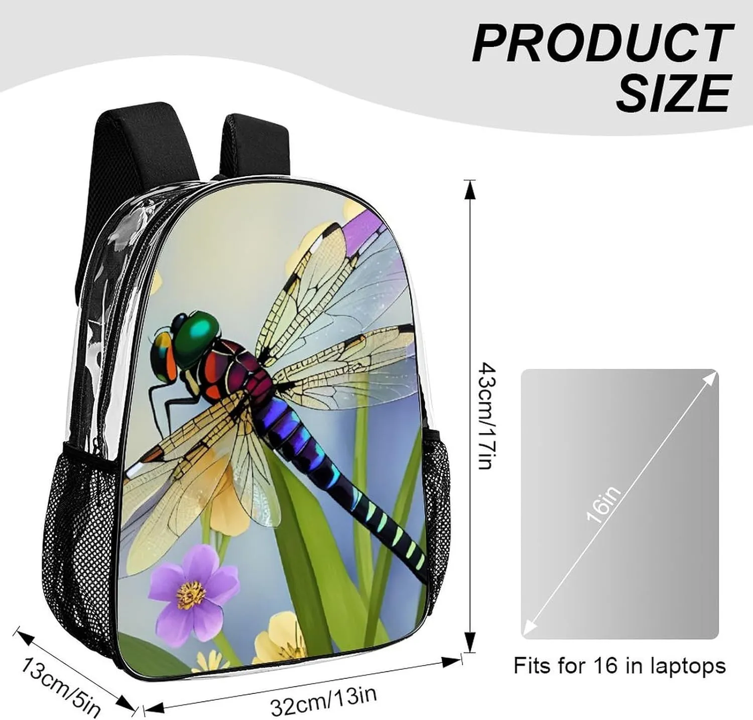 Adults Lightweight Floral Dragonfly Art Shoulder Book Bags Big Capacity Shoulder Bag Transparent Bag for Trekking Work Walking Cycling
