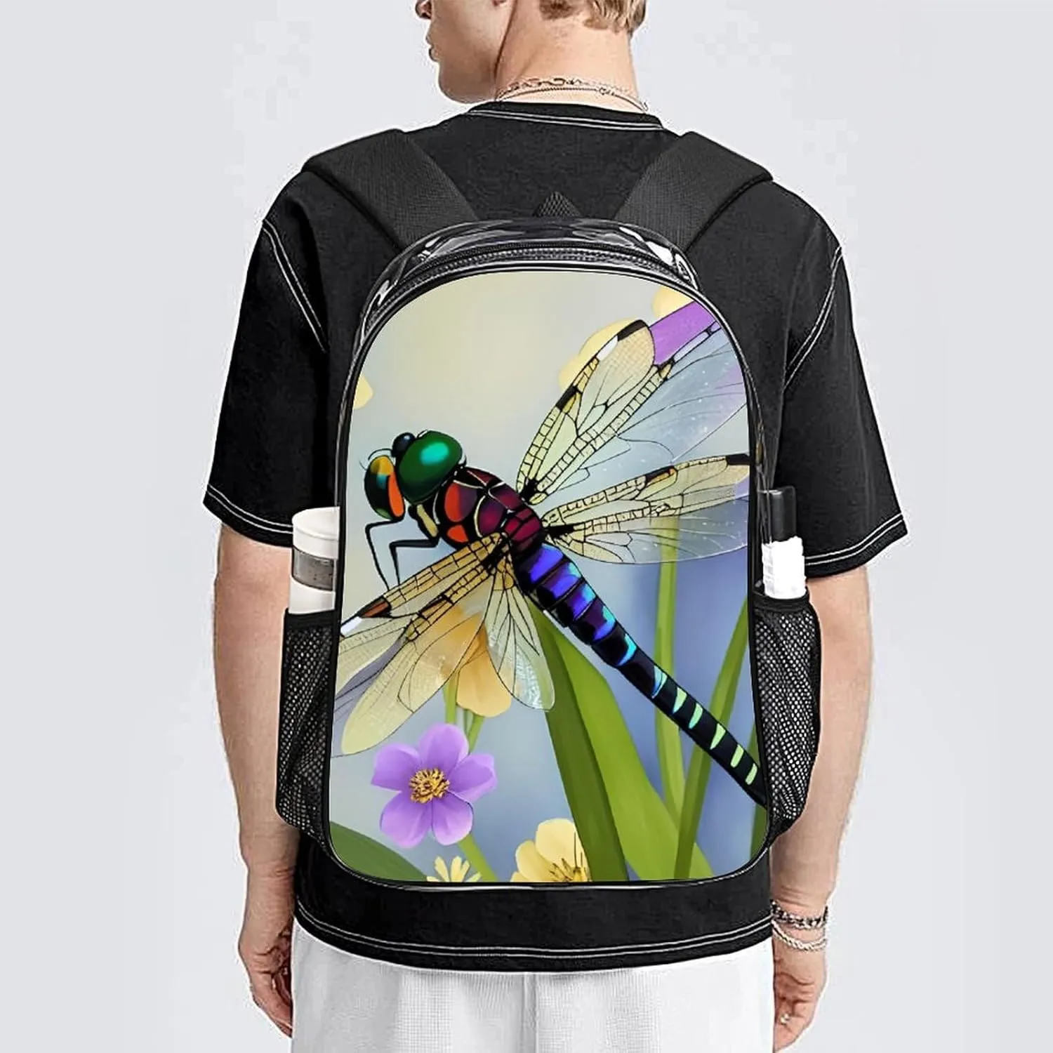 Adults Lightweight Floral Dragonfly Art Shoulder Book Bags Big Capacity Shoulder Bag Transparent Bag for Trekking Work Walking Cycling