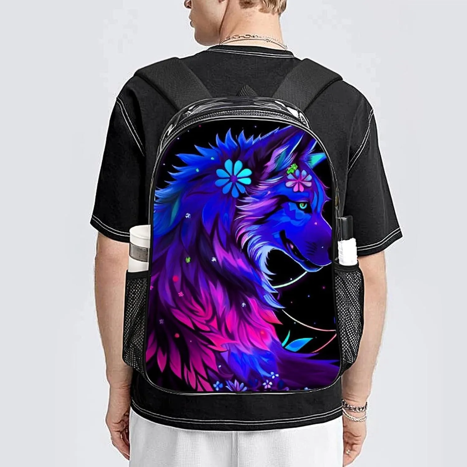 Adults Lightweight Trippy Magic Wolf Flowers Floral Art Shoulder Book Bags Big Capacity Shoulder Bag Transparent Bag for Trekking Work Walking Cycling