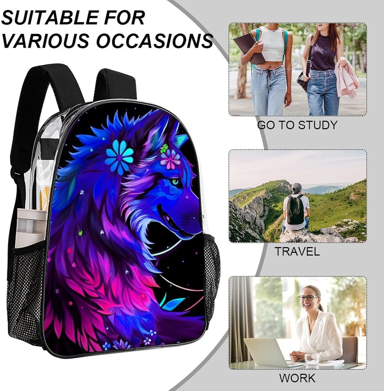 Adults Lightweight Trippy Magic Wolf Flowers Floral Art Shoulder Book Bags Big Capacity Shoulder Bag Transparent Bag for Trekking Work Walking Cycling