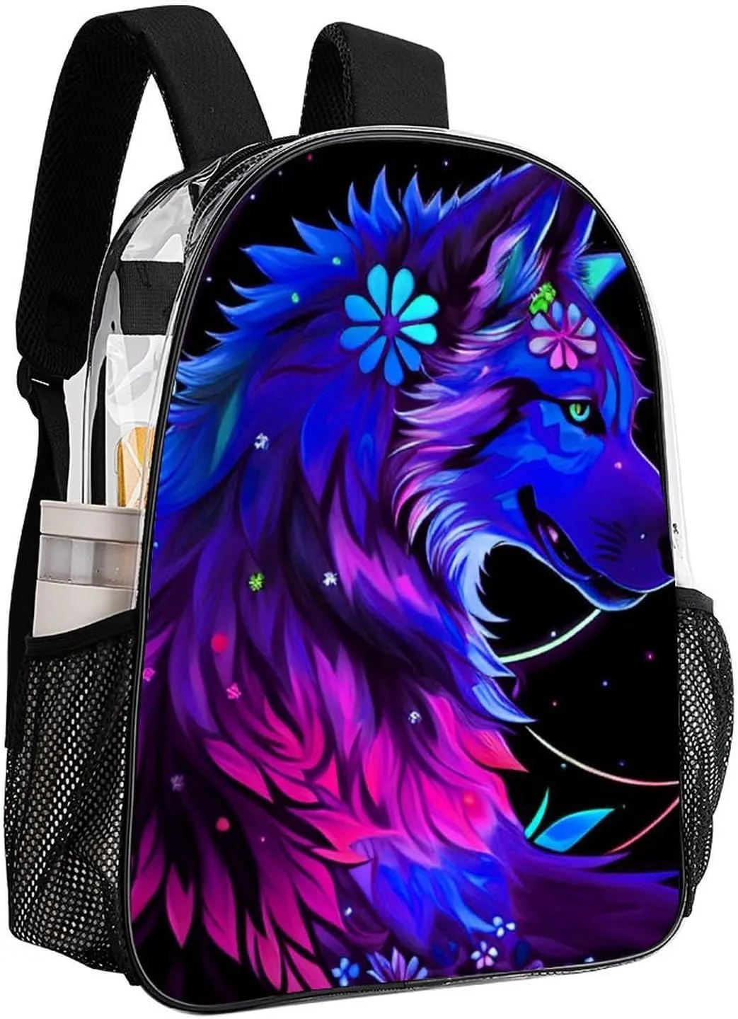 Adults Lightweight Trippy Magic Wolf Flowers Floral Art Shoulder Book Bags Big Capacity Shoulder Bag Transparent Bag for Trekking Work Walking Cycling