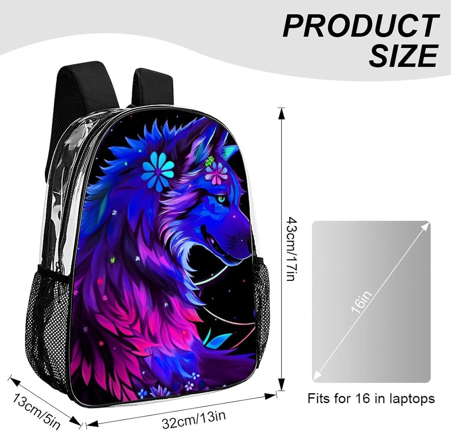 Adults Lightweight Trippy Magic Wolf Flowers Floral Art Shoulder Book Bags Big Capacity Shoulder Bag Transparent Bag for Trekking Work Walking Cycling