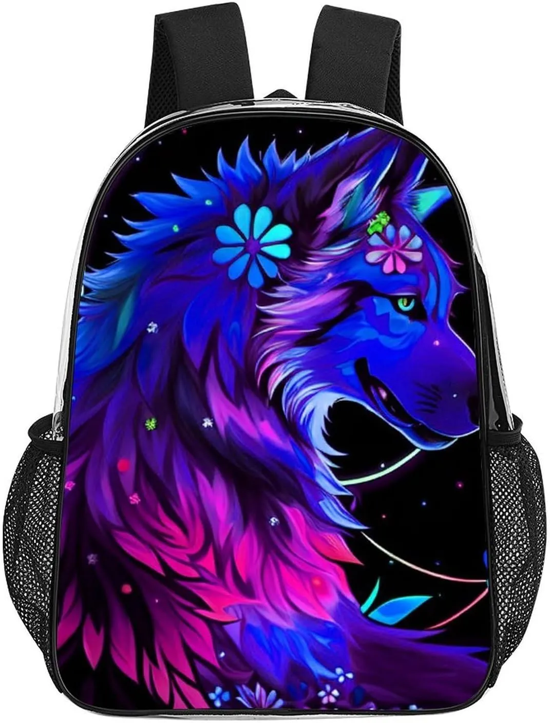 Adults Lightweight Trippy Magic Wolf Flowers Floral Art Shoulder Book Bags Big Capacity Shoulder Bag Transparent Bag for Trekking Work Walking Cycling