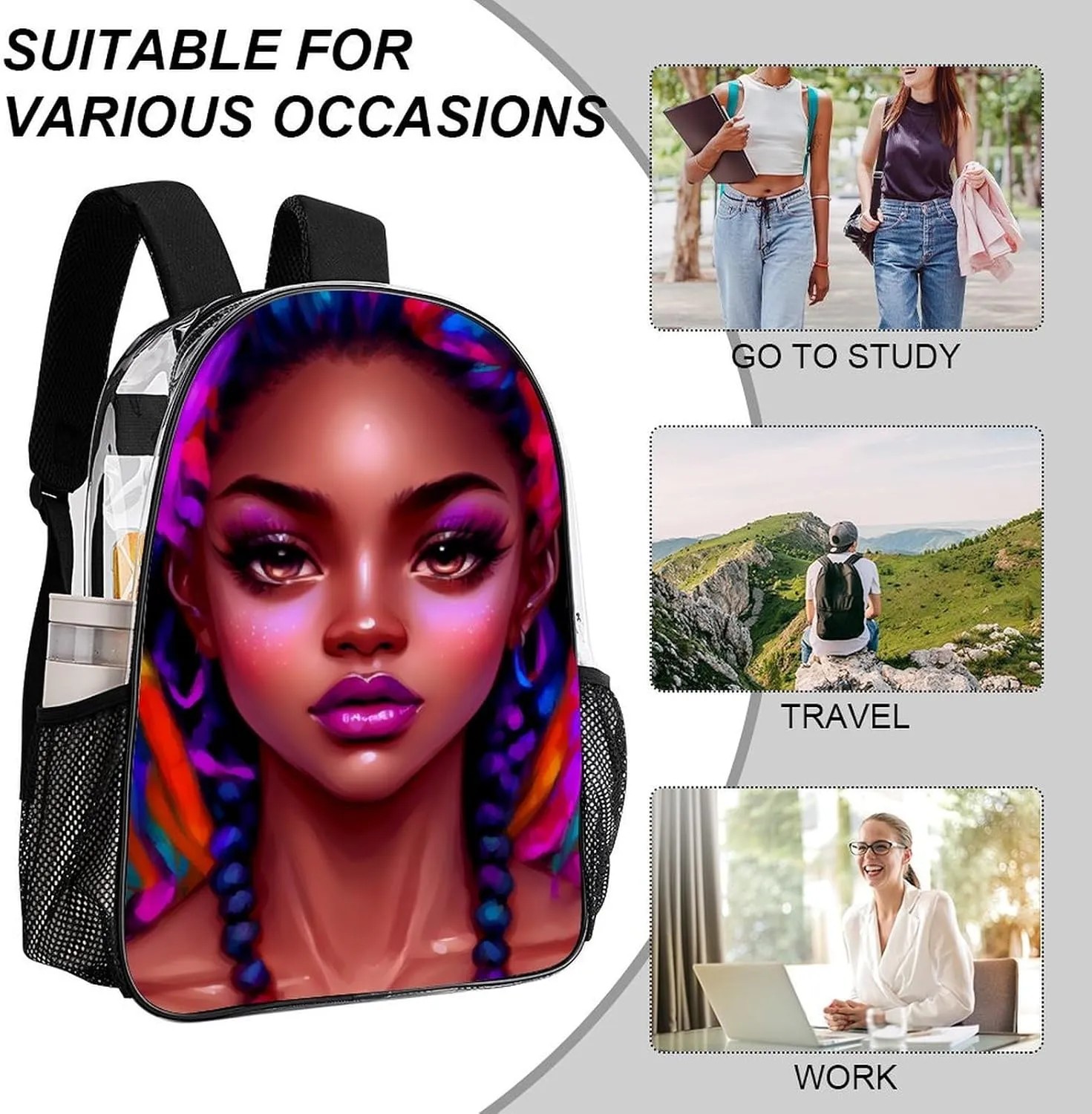 African American Women Black Womens Ethnic Art Backpack Lightweight Anti-Theft Multipurpose Shoulder Bag Large Capacity Travel Hiking Backpack Transparent Bag