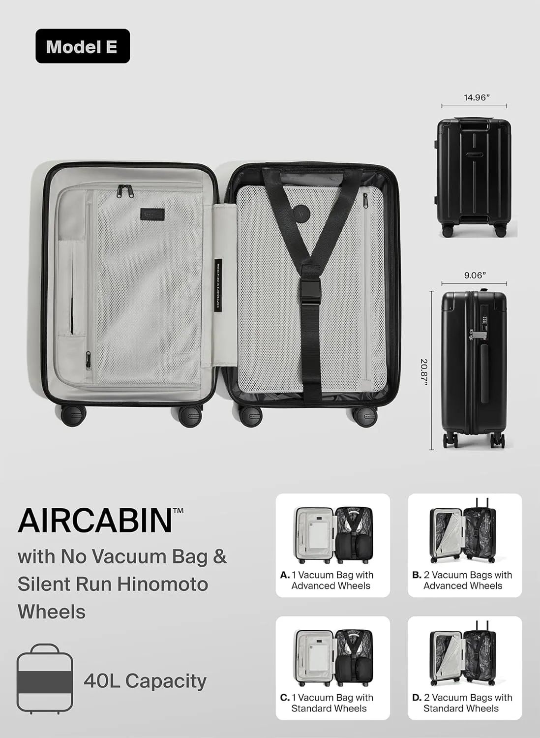 Air Vacuum Seal Suitcase Carry-On 20-Inch Travel Luggage USB Port 20" AirCabin Air Compression Pump - Hinomoto Wheels (AirCabin, Matte Black, 40L Capacity (No Vacuum Bag))