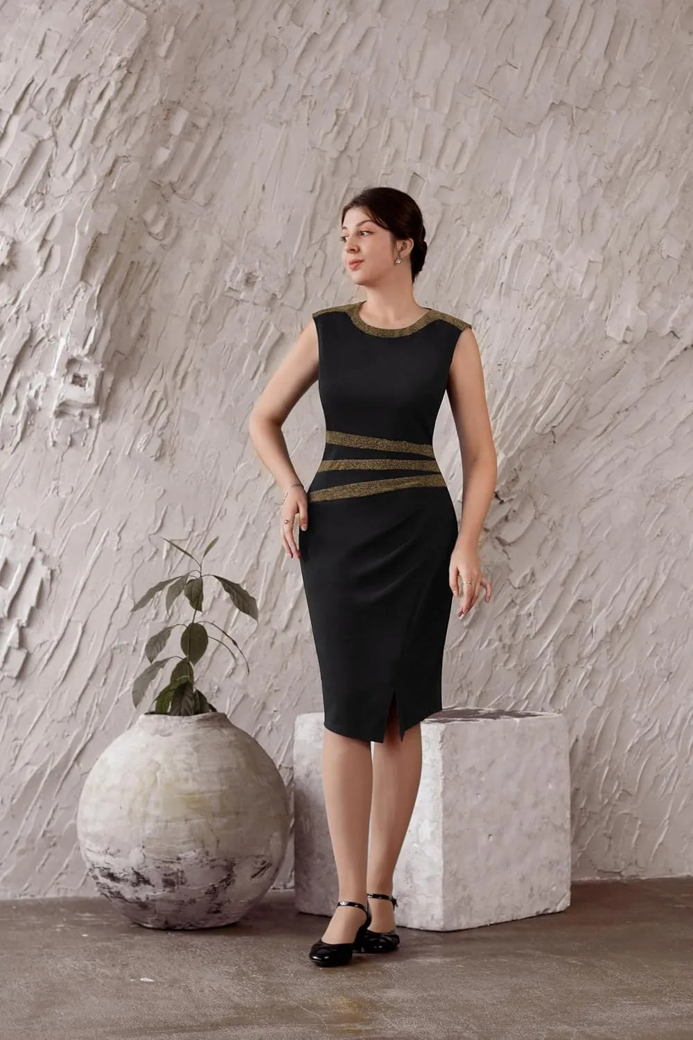 AISIZE Women's 50s Vintage Sleeveless Contrast Tape Cocktail Party Pencil Dress
