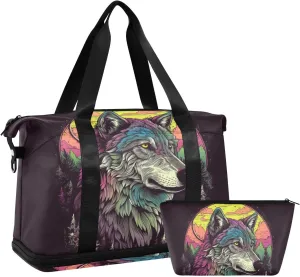 AIXIWAWA Art Painting Wolf Duffel Bag Set with Shoes Compartment Trolley Sleeve Removeable Strap for Workout Travel Gym