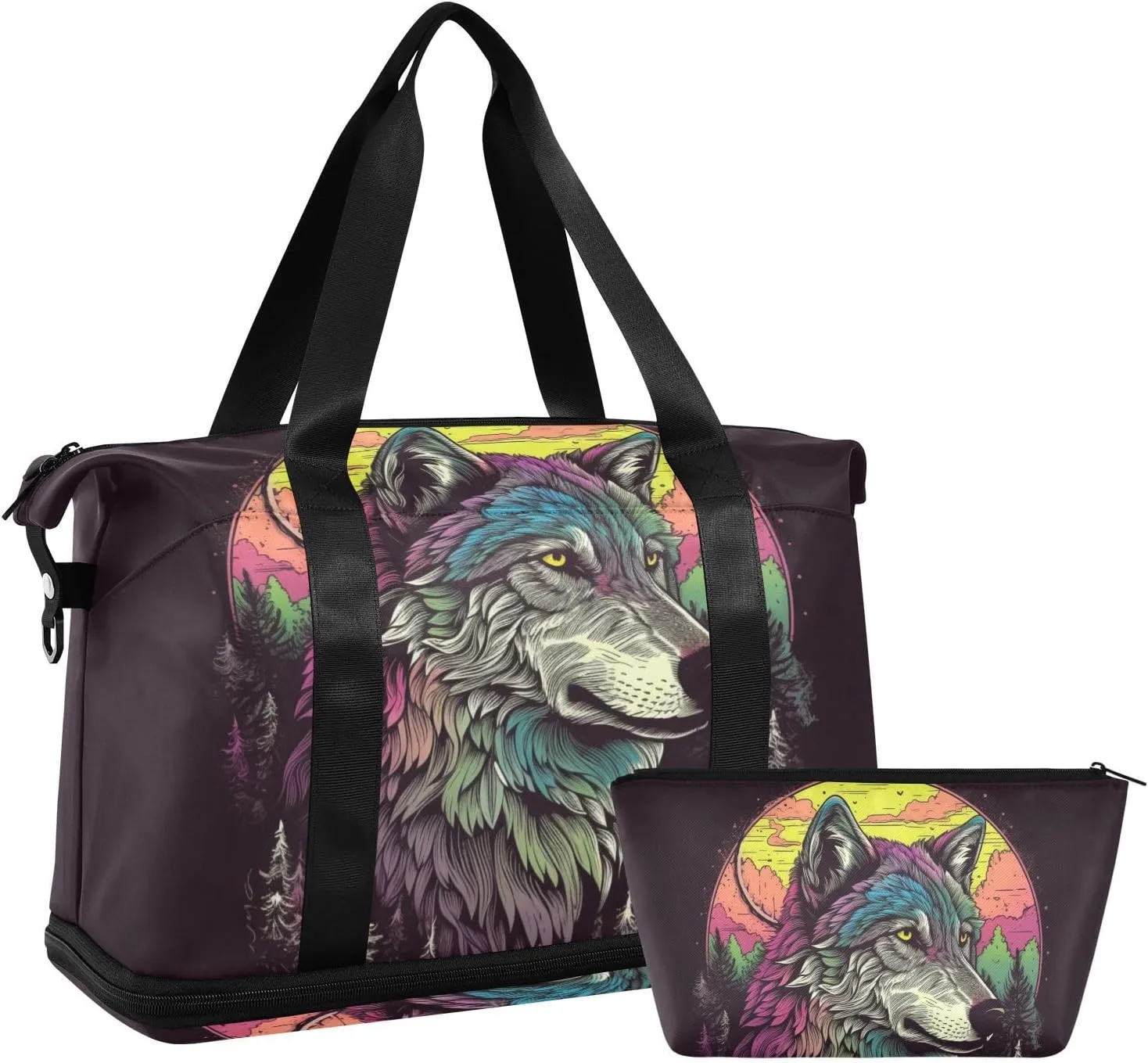 AIXIWAWA Art Painting Wolf Duffel Bag Set with Shoes Compartment Trolley Sleeve Removeable Strap for Workout Travel Gym
