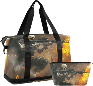 AIXIWAWA Battle Skull Duffel Bags Set with Shoes Compartment Trolley Sleeve Removeable Strap for Workout Travel Gym