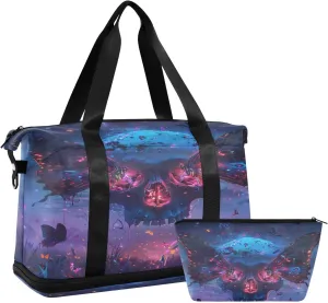ALAZA Magic Skull Heads Butterfly Winged Travel Duffel Bag for Women Men Sports Gym Bag with Shoe Compartment Tote Weekender Overnight Bag with Wet Pocket for Travel, Gym,Yoga,Swimming