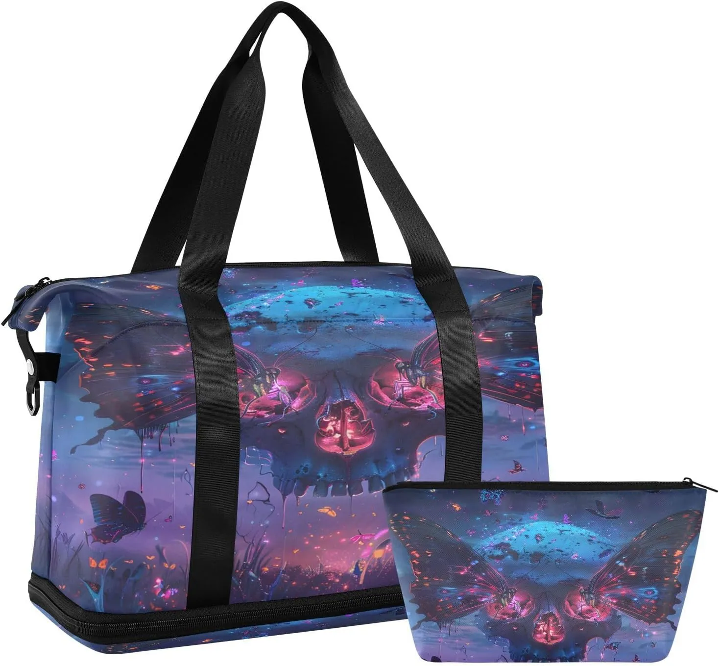 ALAZA Magic Skull Heads Butterfly Winged Travel Duffel Bag for Women Men Sports Gym Bag with Shoe Compartment Tote Weekender Overnight Bag with Wet Pocket for Travel, Gym,Yoga,Swimming
