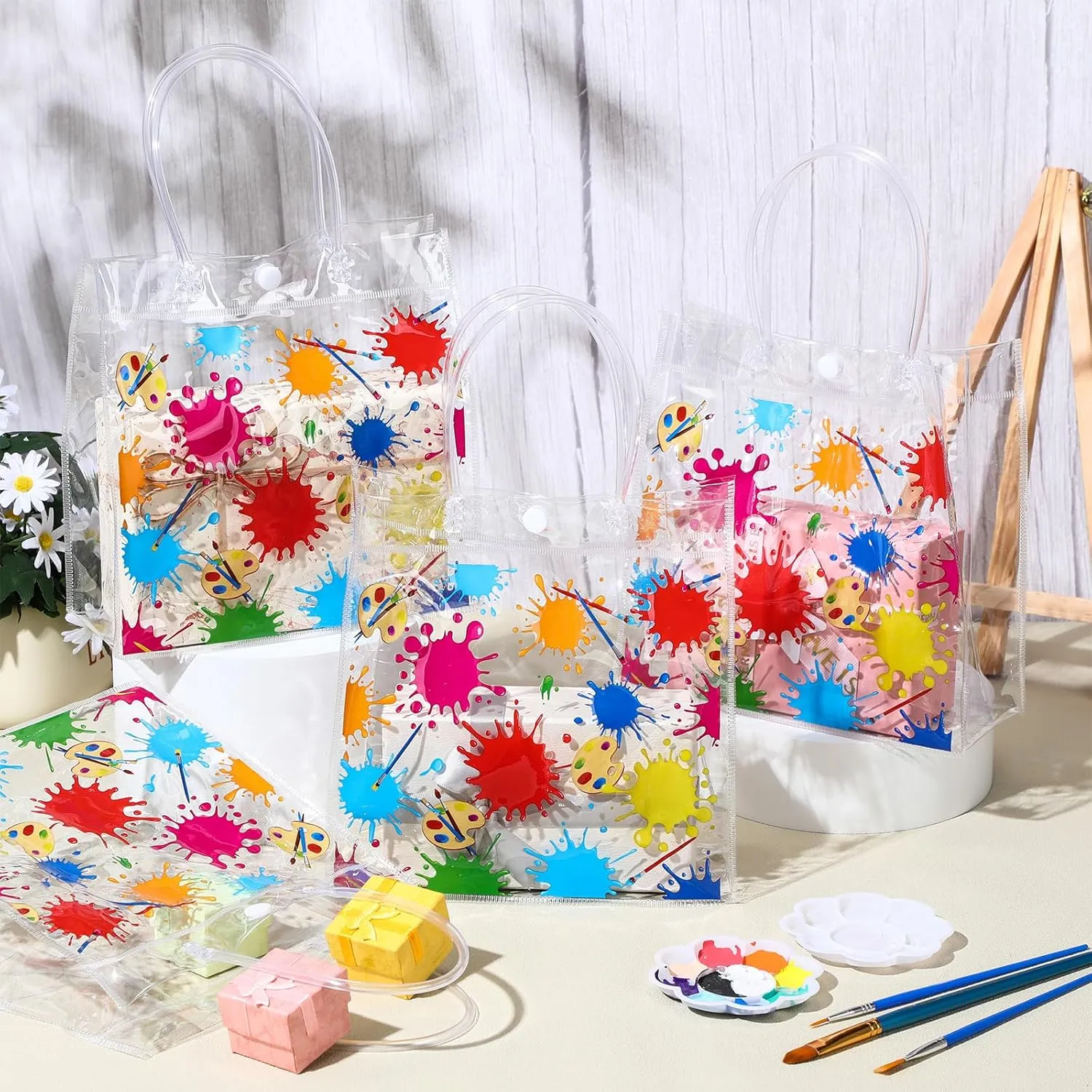 Aliceset 20 Pcs Paint Splatter Party Clear Treat Bag with Handles Painting Party Favor Bags Art Themed Goodies for Birthday Paint Splatter Decoration Candy Snack Baby Shower Supplies, 8x8x3.15 Inch