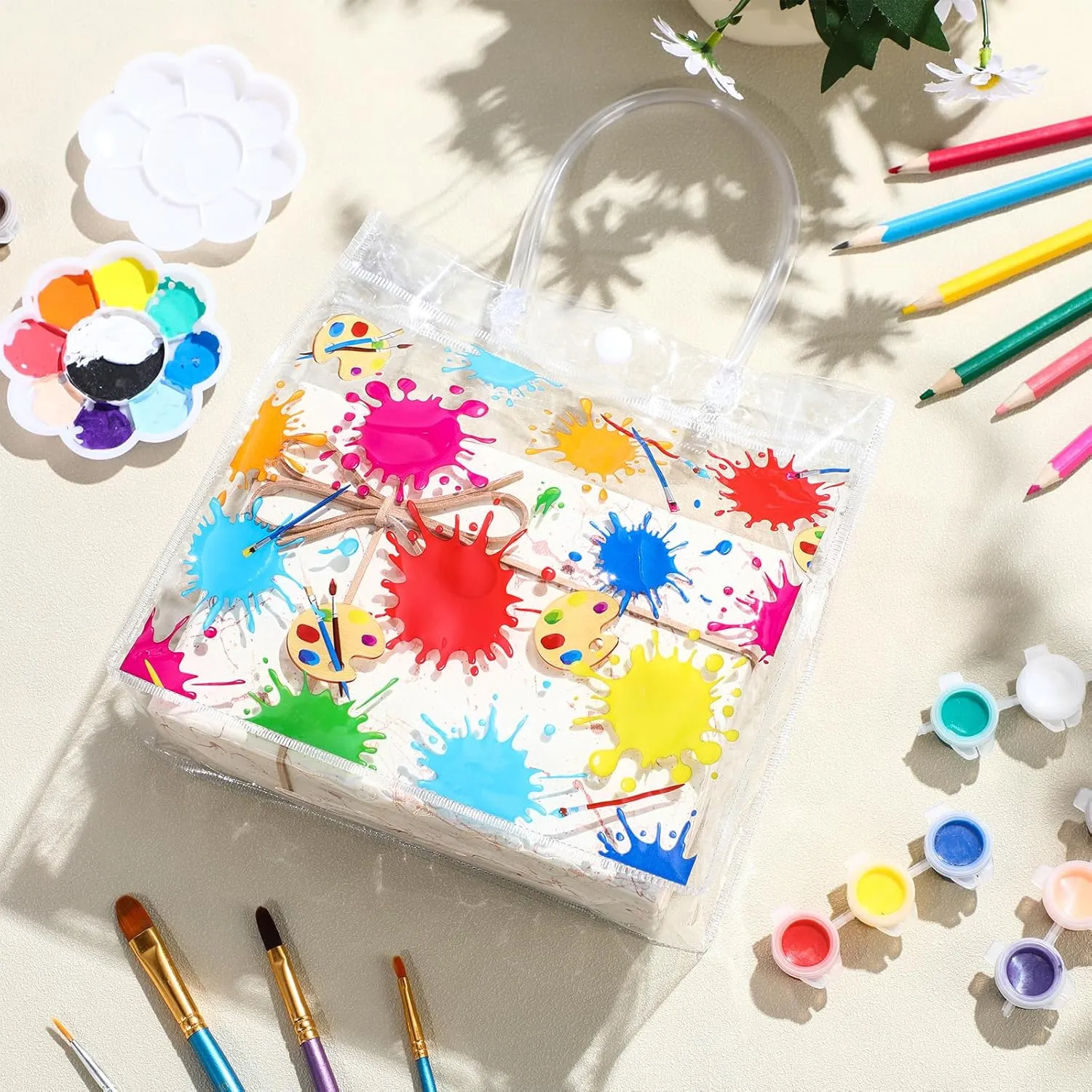 Aliceset 20 Pcs Paint Splatter Party Clear Treat Bag with Handles Painting Party Favor Bags Art Themed Goodies for Birthday Paint Splatter Decoration Candy Snack Baby Shower Supplies, 8x8x3.15 Inch
