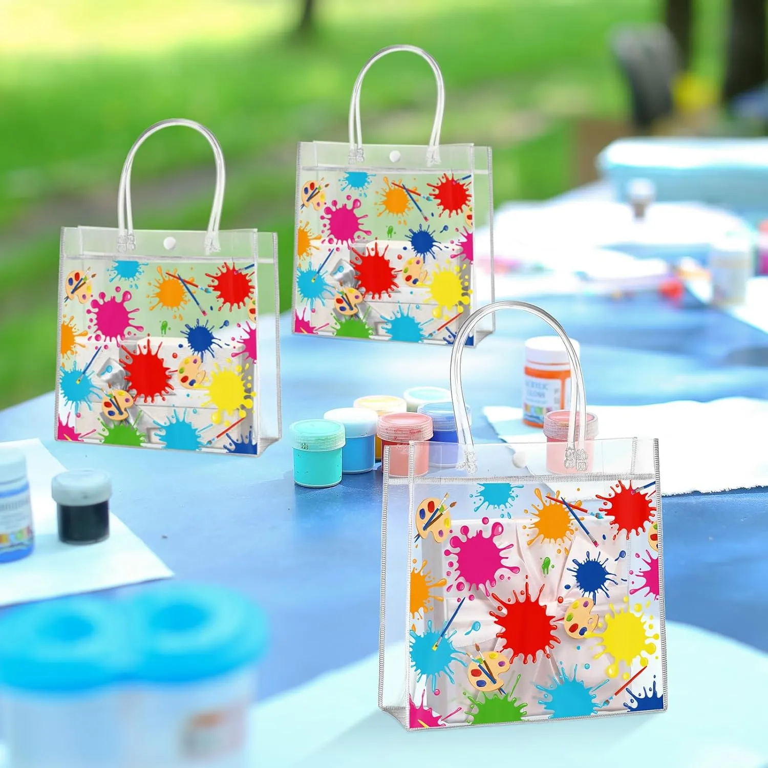 Aliceset 20 Pcs Paint Splatter Party Clear Treat Bag with Handles Painting Party Favor Bags Art Themed Goodies for Birthday Paint Splatter Decoration Candy Snack Baby Shower Supplies, 8x8x3.15 Inch