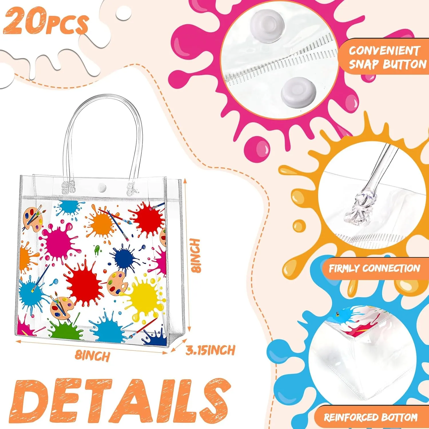 Aliceset 20 Pcs Paint Splatter Party Clear Treat Bag with Handles Painting Party Favor Bags Art Themed Goodies for Birthday Paint Splatter Decoration Candy Snack Baby Shower Supplies, 8x8x3.15 Inch