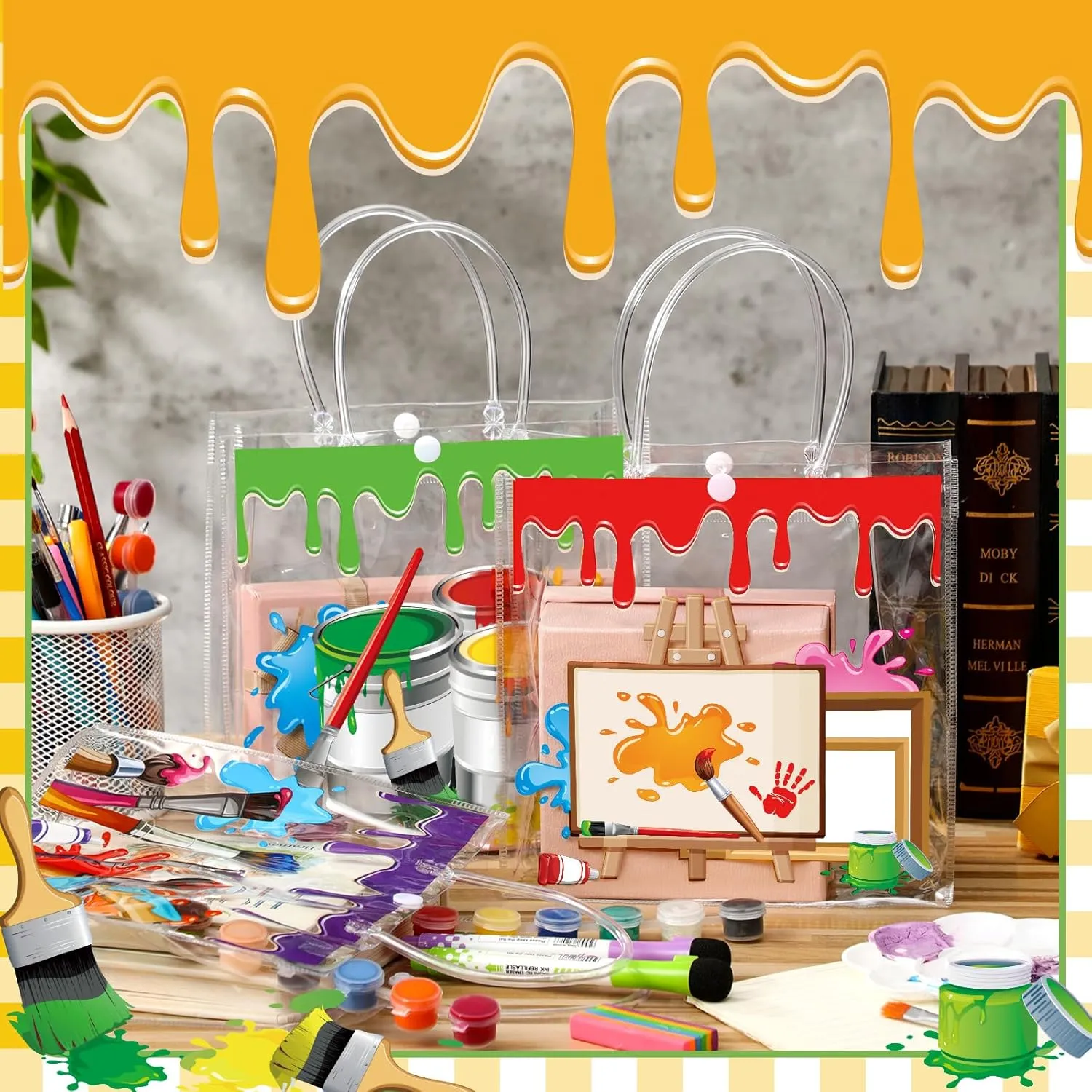 Aliceset 24 Pcs Art Painting Party Favor Bags with Handles Clear PVC Paint Candy Treat Goodie Gift Tote Bags for Birthday Baby Shower Party Decoration Supplies