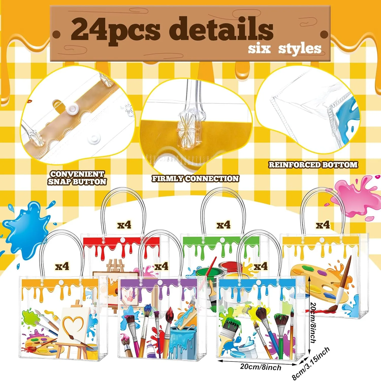 Aliceset 24 Pcs Art Painting Party Favor Bags with Handles Clear PVC Paint Candy Treat Goodie Gift Tote Bags for Birthday Baby Shower Party Decoration Supplies