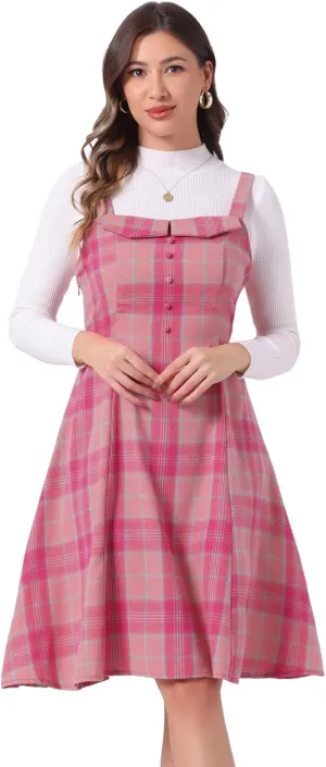 Allegra K Women's Christmas Plaid Dress Vintage Sleeveless Tie Waist A-Line Pinafore Overall Dresses