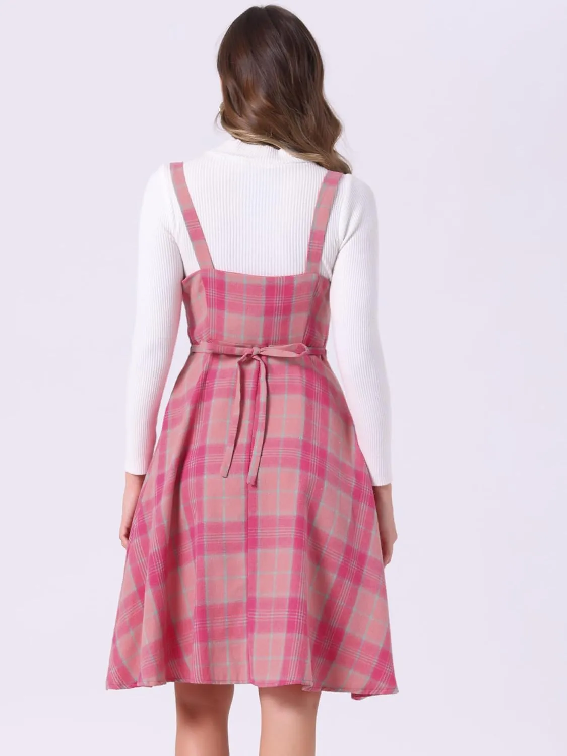 Allegra K Women's Christmas Plaid Dress Vintage Sleeveless Tie Waist A-Line Pinafore Overall Dresses