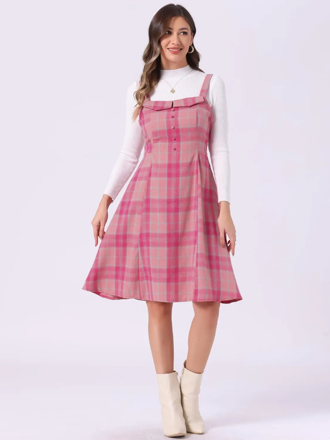 Allegra K Women's Christmas Plaid Dress Vintage Sleeveless Tie Waist A-Line Pinafore Overall Dresses