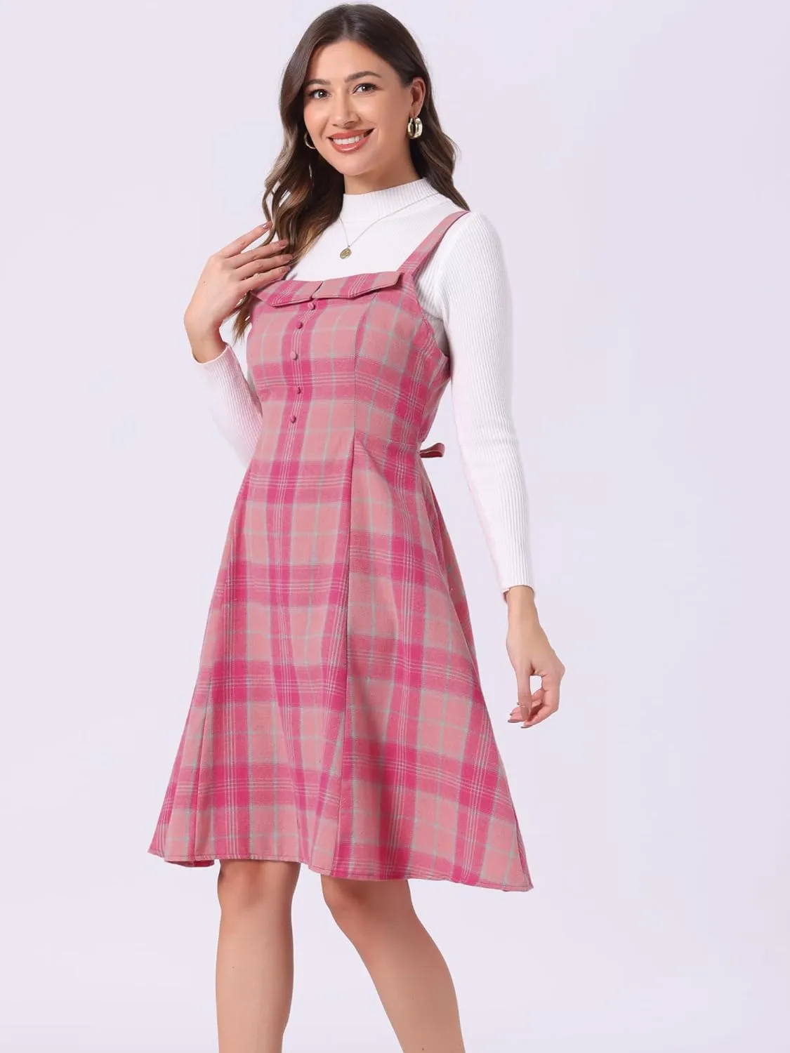 Allegra K Women's Christmas Plaid Dress Vintage Sleeveless Tie Waist A-Line Pinafore Overall Dresses